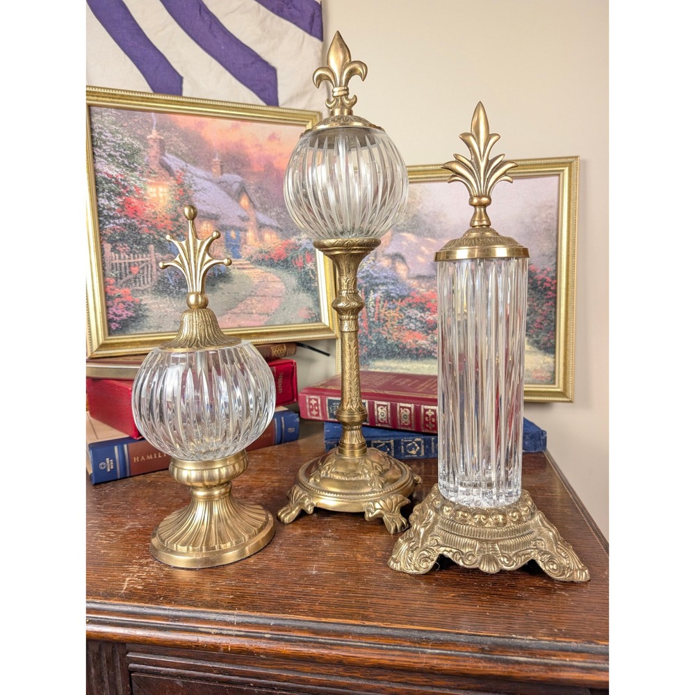 Vintage Hollywood Regency Brass and Ribbed Glass Apothecary Style Jars Set of 3